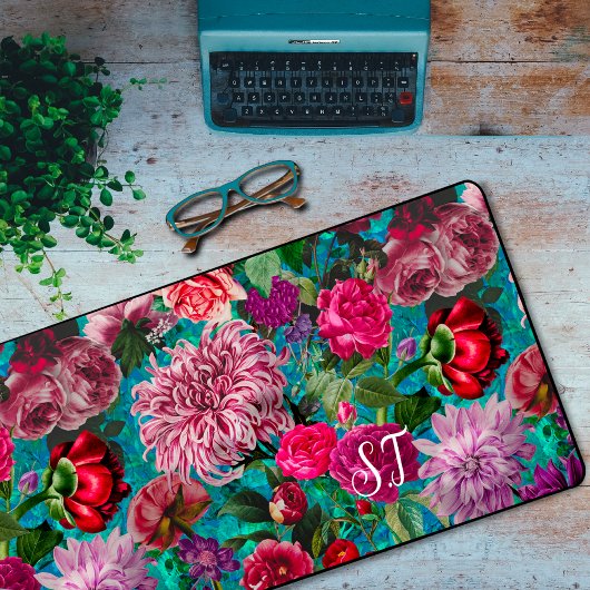 Elegant  aqua blauw Floral monogram Bureaumat