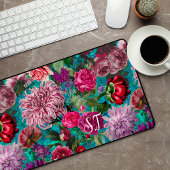 Elegant  aqua blauw Floral monogram Bureaumat