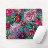 Elegant  aqua blauw Floral monogram Muismat (Met muis)