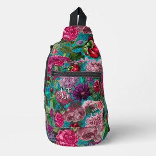 Elegant aqua blauw Floral monogram Sling Bag