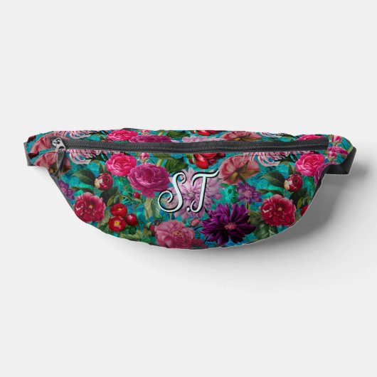 Elegant  aqua blauw Floral monogram Sling Heuptasje (Liggend)