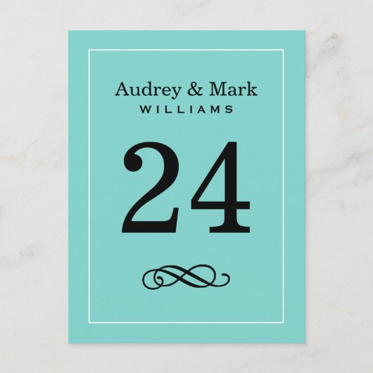 Elegant Aqua Blauw Monogram Trouwtafel Nummer Briefkaart (Voorkant)