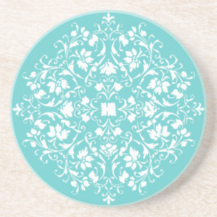 Elegant Aqua Blauw & Witte Filigraan Damast Zandsteen Onderzetter