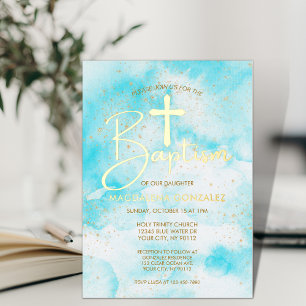 Elegant Aqua Blauwe Aquarel Gouden Kruis Doop Folie Uitnodiging