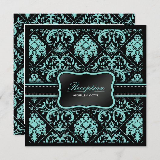 Elegant Aqua Blauwe en Zwarte Damast Ontvangst Kaa Kaart (Voorkant / Achterkant)