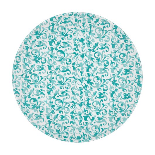 Elegant Aqua Blauwgroen Damask Swirl Scroll Snijplank (Voorkant)