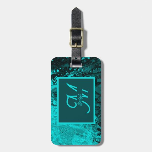 Elegant Aqua Blauwgroen vet Script Monogram Bagagelabel (Voorkant verticaal)