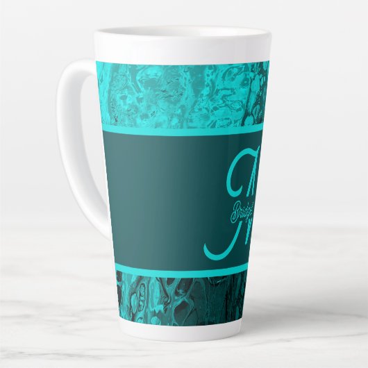 Elegant Aqua Blauwgroen vet Script Monogram Latte Mok (Linkerhoek)