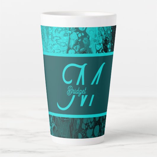 Elegant Aqua Blauwgroen vet Script Monogram Latte Mok (Voorkant)