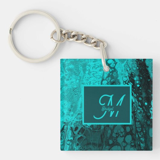 Elegant Aqua Blauwgroen vet Script Monogram Sleutelhanger (Voorkant)