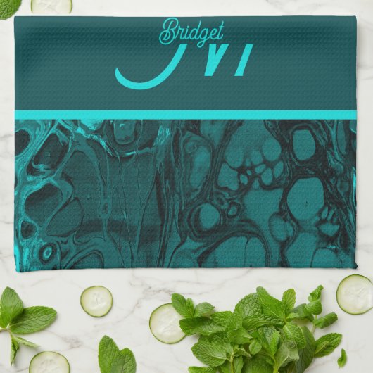 Elegant Aqua Blauwgroen vet Script Monogram Theedoek (Gevouwen)