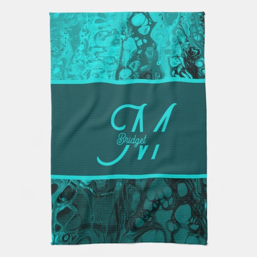 Elegant Aqua Blauwgroen vet Script Monogram Theedoek (Verticaal)