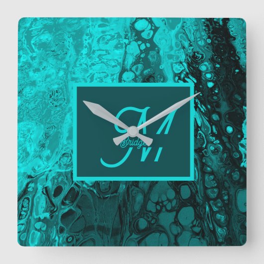 Elegant Aqua Blauwgroen vet Script Monogram Vierkante Klok (Voorkant)