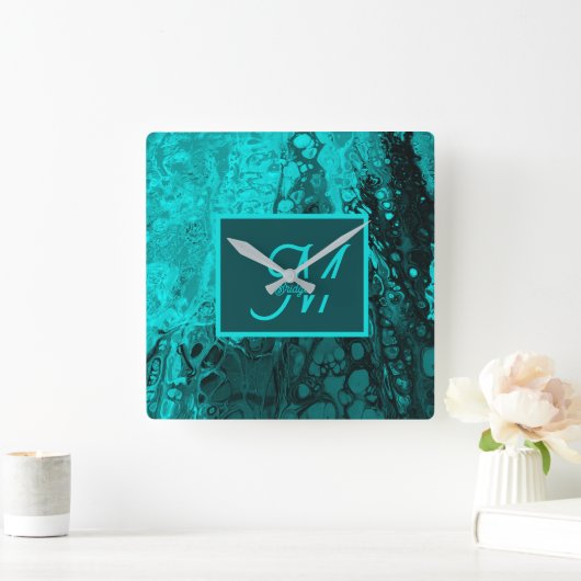 Elegant Aqua Blauwgroen vet Script Monogram Vierkante Klok (Huis)
