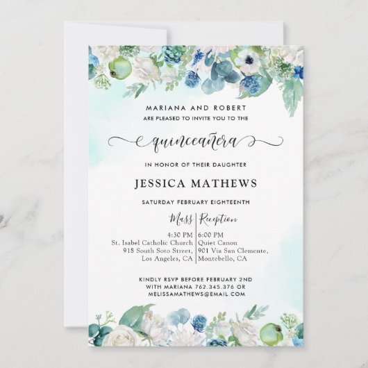 elegant Aqua Blauwgroen Waterverf Quinceañera in F Kaart (Voorkant)