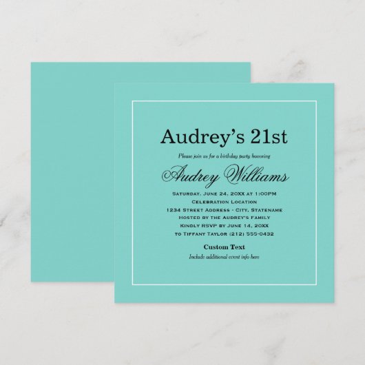 Elegant Aqua Blue 21st Birthday Party Kaart (Voorkant / Achterkant)