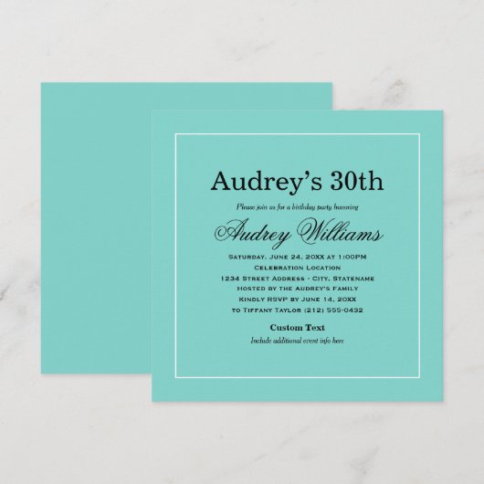 Elegant Aqua Blue 30th Birthday Party Kaart (Voorkant / Achterkant)