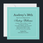 Elegant Aqua Blue 30th Birthday Party Kaart<br><div class="desc">De uitnodigingen van de dag van de geboorte kenmerken een chic en verfijnde stijl voor een elegante gelegenheid.  Omvat een wit lintdetail en de stijlvolle "Naam & Co." personalisering van de gast van de naam van de eer.  Aqua / zwembad / robin's oegblauw,  zwart en wit kleurenschema.</div>