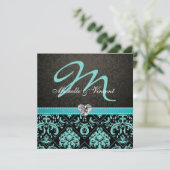 Elegant Aqua Blue/Black Damask Monogram Invites Kaart (Staand voorkant)