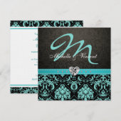 Elegant Aqua Blue/Black Damask Monogram Invites Kaart (Voorkant / Achterkant)