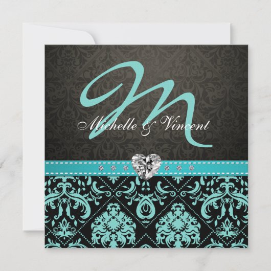 Elegant Aqua Blue/Black Damask Monogram Invites Kaart (Voorkant)