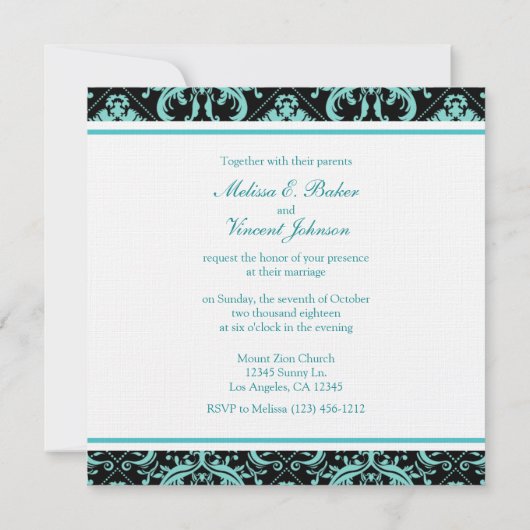 Elegant Aqua Blue/Black Damask Monogram Invites Kaart (Achterkant)