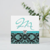 Elegant Aqua Blue/Black Damask Monogram Invites Kaart (Staand voorkant)