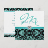 Elegant Aqua Blue/Black Damask Monogram Invites Kaart (Voorkant / Achterkant)