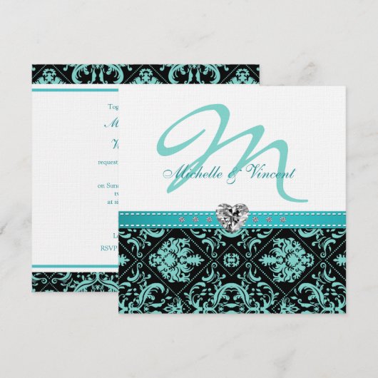 Elegant Aqua Blue/Black Damask Monogram Invites Kaart (Voorkant / Achterkant)
