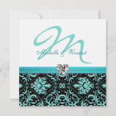 Elegant Aqua Blue/Black Damask Monogram Invites Kaart (Voorkant)