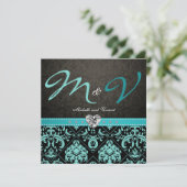 Elegant Aqua Blue/Black Damask Wedding Invites Kaart (Staand voorkant)