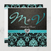 Elegant Aqua Blue/Black Damask Wedding Invites Kaart (Voorkant / Achterkant)