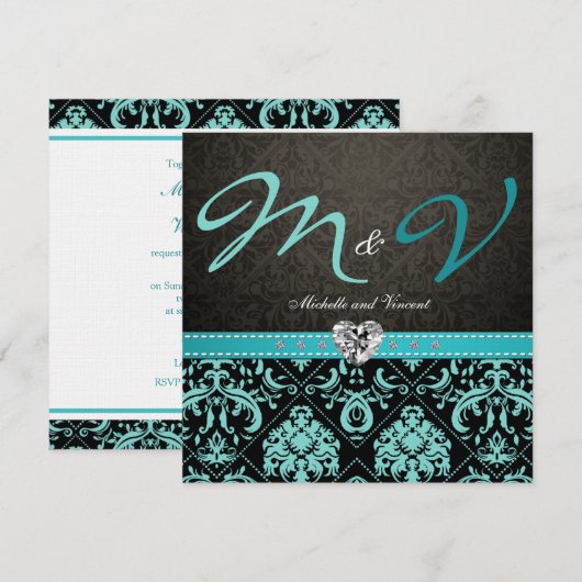 Elegant Aqua Blue/Black Damask Wedding Invites Kaart (Voorkant / Achterkant)