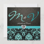 Elegant Aqua Blue/Black Damask Wedding Invites Kaart (Voorkant)