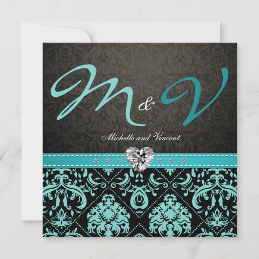 Elegant Aqua Blue/Black Damask Wedding Invites Kaart (Voorkant)