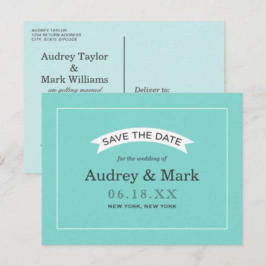 Elegant Aqua Blue Bruiloft Save the Date Aankondigingskaart (Voorkant / Achterkant)