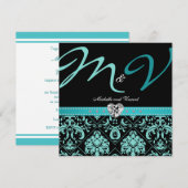 Elegant Aqua Blue Damask Wedding Invites Kaart (Voorkant / Achterkant)
