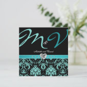 Elegant Aqua Blue Damask Wedding Invites Kaart (Staand voorkant)