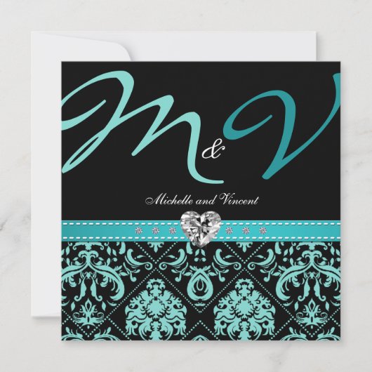 Elegant Aqua Blue Damask Wedding Invites Kaart (Voorkant)