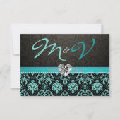 Elegant Aqua Blue en Black Damask met Diamonds RSVP Kaartje (Voorkant)