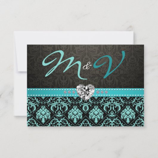 Elegant Aqua Blue en Black Damask met Diamonds RSVP Kaartje (Voorkant)
