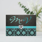 Elegant Aqua Blue en Black Damask met Diamonds RSVP Kaartje (Staand voorkant)
