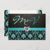 Elegant Aqua Blue en Black Damask met Diamonds RSVP Kaartje (Voorkant / Achterkant)