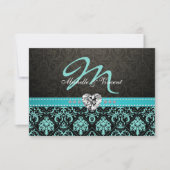 Elegant Aqua Blue en Black Damask Monogram RSVP (Voorkant)