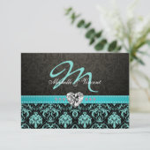 Elegant Aqua Blue en Black Damask Monogram RSVP (Staand voorkant)