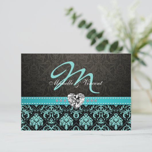 Elegant Aqua Blue en Black Damask Monogram RSVP (Staand voorkant)