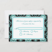 Elegant Aqua Blue en Black Damask Monogram RSVP (Achterkant)