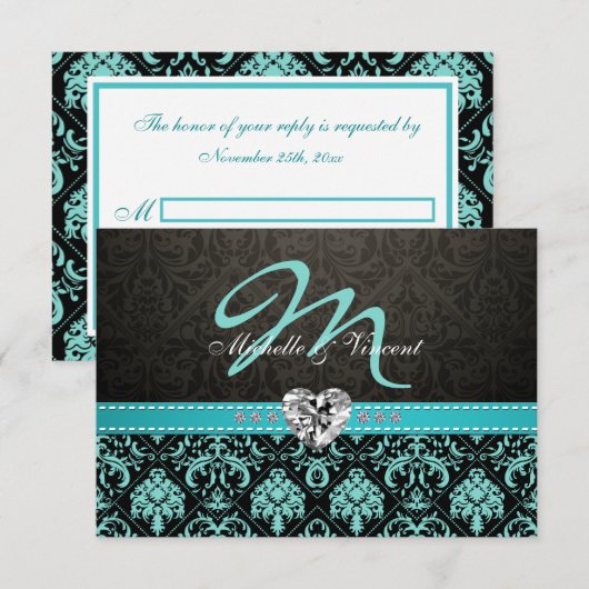 Elegant Aqua Blue en Black Damask Monogram RSVP (Voorkant / Achterkant)