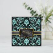 Elegant Aqua Blue en Black Damask Reception slecht Kaart (Staand voorkant)