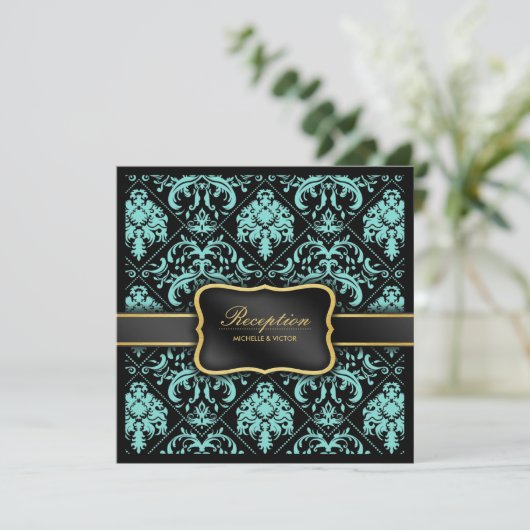 Elegant Aqua Blue en Black Damask Reception slecht Kaart (Staand voorkant)